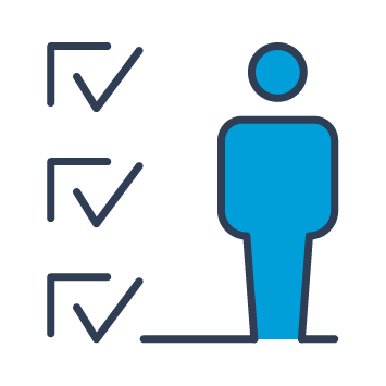 Blue and black icon showing a person with three ticks down the left side, indicating good governance.