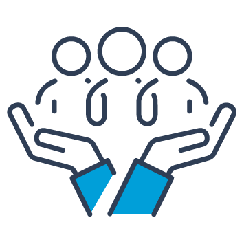 Blue and black icon showing a collection of three people held supportively by a set of hands. This represents people and support.