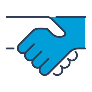 Blue and black icon showing two hands shaking to represent customers.