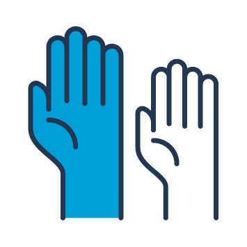Blue and black icon showing two hands raised.