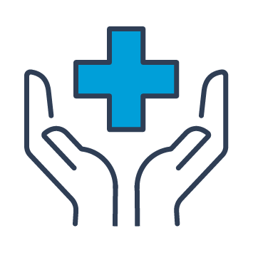 Blue and black icon shows hands reaching up to a medical cross.