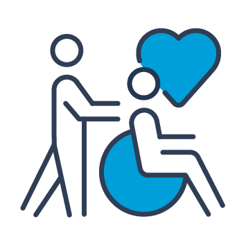 Blue and black graphic representing a person being pushed with care in a wheelchair.