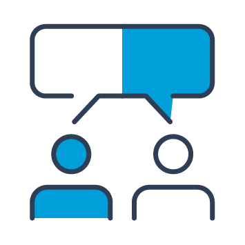 Icon shows two people having a conversation, represented by a speech bubble above them.
