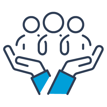 Blue and black graphic showing a group of three people held by business hands.