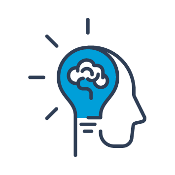 Blue and black graphic showing a head in profile, and their brain.
