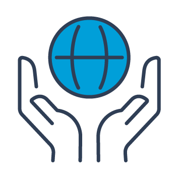 Blue and black graphic showing two hands reaching up to a globe.