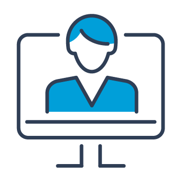 Icon of a person on a computer monitor, representing work from home.