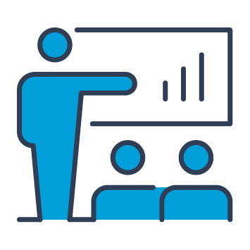Blue and black graphic representing someone making a presentation.
