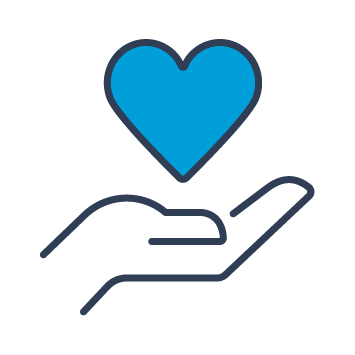 Blue and black graphic of a single hand beneath a love heart.