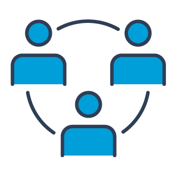 Blue and black graphic showing three people connected around the edge of a circle.