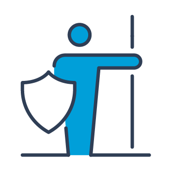 Blue and black graphic if a person holding a shield pointing to the right.