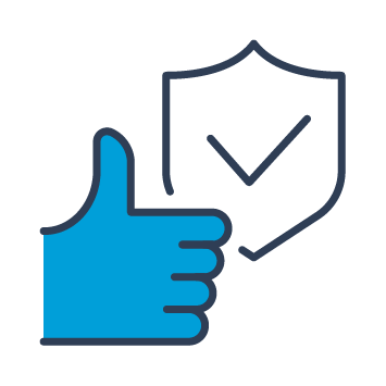 Blue and black graphic representing a thumbs up to quality and integrity.