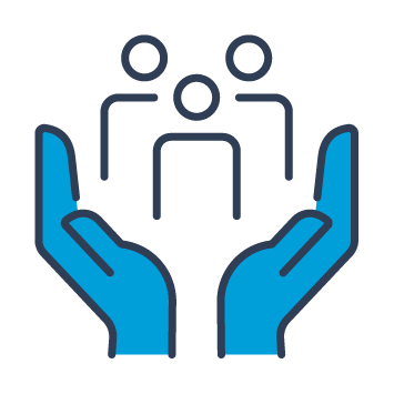 Blue and black graphic representing three people held safely in a pair of hands.
