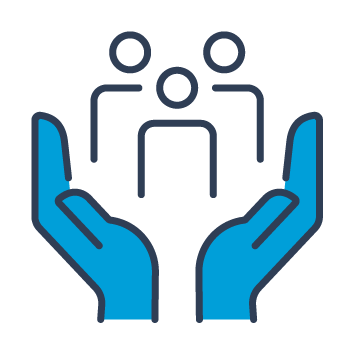 Blue and black graphic representing a group held collectively together by hands.