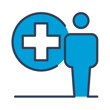 Blue and black graphic of a person standing next to a medical cross.