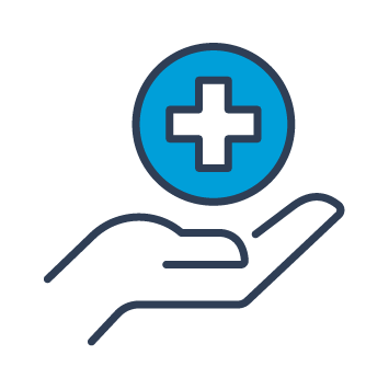 Blue and black graphic of a hand underneath a circle with a medical cross.