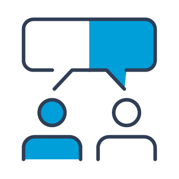 Icon shows two people communicating with a joint speech bubble.
