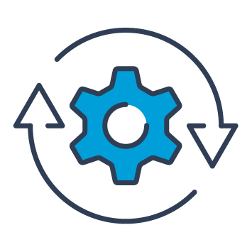 Icon of a cog surrounded by circling arrows, indicating movement forward.