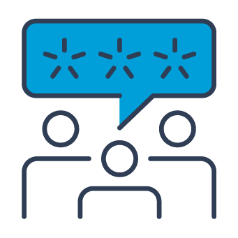 Icon shows three people beneath an active speech bubble.