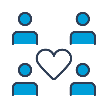 Icon showing four equal people surrounding a love heart.