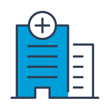 Icon in blue, black and white showing two hospitals.