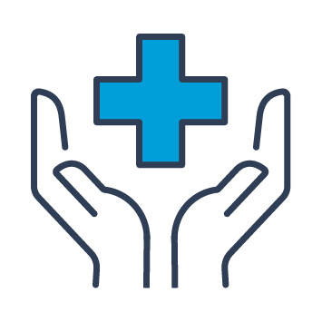 Icon of hands reaching up to a medical cross.