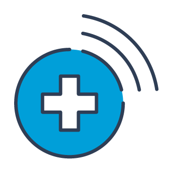 Blue and black symbol of a blue circle with a medical cross and an alert tone.