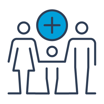 Graphic shows a man and woman holding a childs hand either side with a medical cross above them.